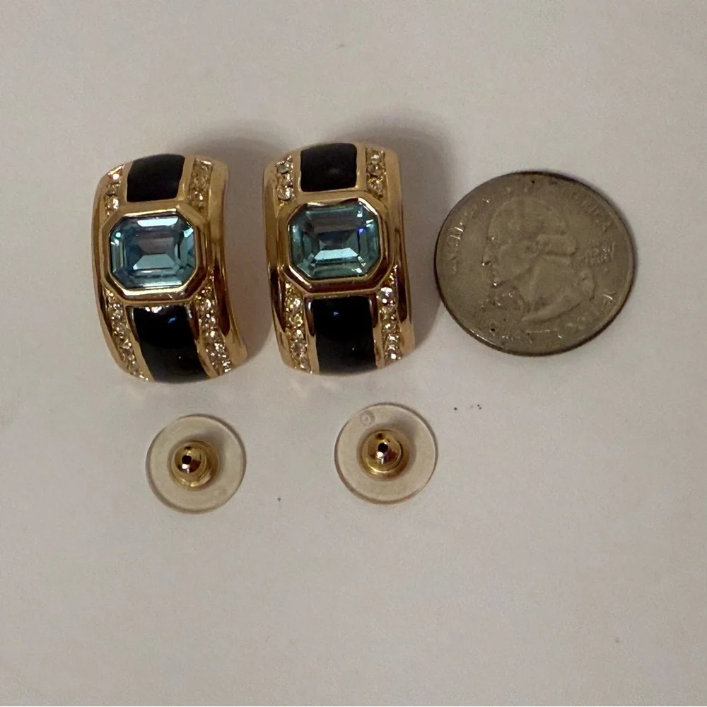 CHRISTIAN DIOR EARRINGS Unsigned BLACK ENAMEL BLUE CLEAR CRYSTALS HUGGIE POST - Picture 5 of 10